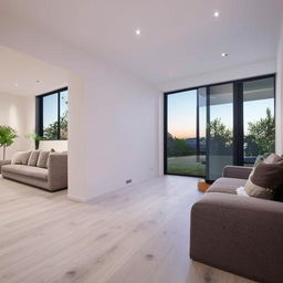 Design an open-plan floor featuring a kitchen, a dining area with a table, a living room with a nine-seater sofa, all seamlessly connected in a modern layout.