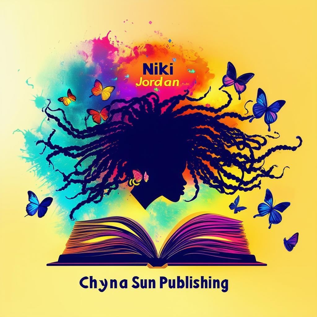 A vibrant and colorful logo for a book cover featuring an open book, a silhouette of a woman with flowing dreadlocks, butterflies, and the names 'Nikki Jordan' and 'Chyna Sun Publishing'