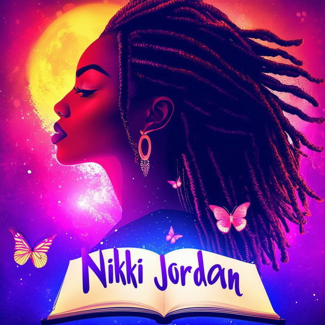 A vibrant and colorful logo for a book cover featuring a silhouette of a woman with dreadlocks, butterflies, a book, and the names 'Nikki Jordan' and 'Chyna Sun Publishing'