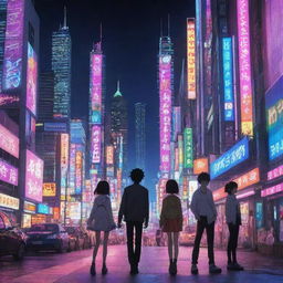 A vibrant anime scene, complete with diverse characters demonstrating different emotions, set against an exquisitely detailed urban backdrop with neon lights and towering structures.