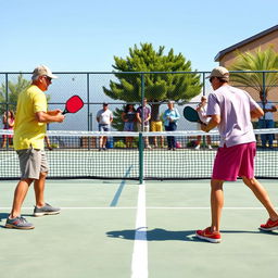 Create a detailed image of four people playing pickleball on a pickleball court