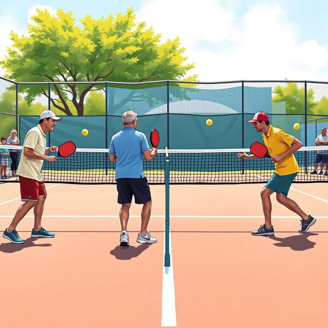 Create a detailed image of four people playing pickleball on a pickleball court