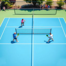 Create a detailed image of four people playing pickleball on a pickleball court