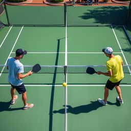 Create a detailed image of four people playing pickleball on a pickleball court