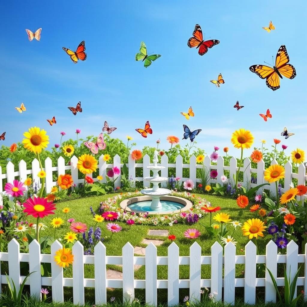 A whimsical scene featuring a colorful garden with various types of flowers, butterflies fluttering around, and a clear blue sky