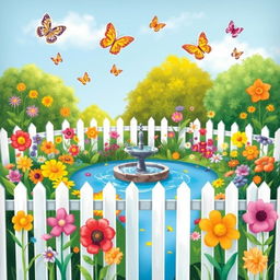 A whimsical scene featuring a colorful garden with various types of flowers, butterflies fluttering around, and a clear blue sky