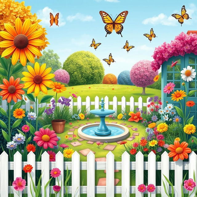 A whimsical scene featuring a colorful garden with various types of flowers, butterflies fluttering around, and a clear blue sky