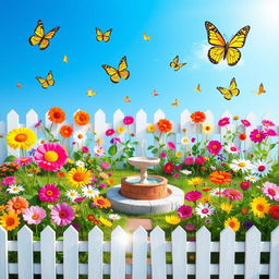 A whimsical scene featuring a colorful garden with various types of flowers, butterflies fluttering around, and a clear blue sky