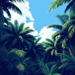 Create a pixel art background for a video game featuring a dense palm tree forest