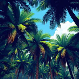 Create a pixel art background for a video game featuring a dense palm tree forest