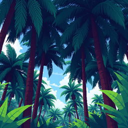 Create a pixel art background for a video game featuring a dense palm tree forest