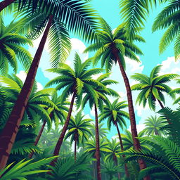 Create a pixel art background for a video game featuring a dense palm tree forest