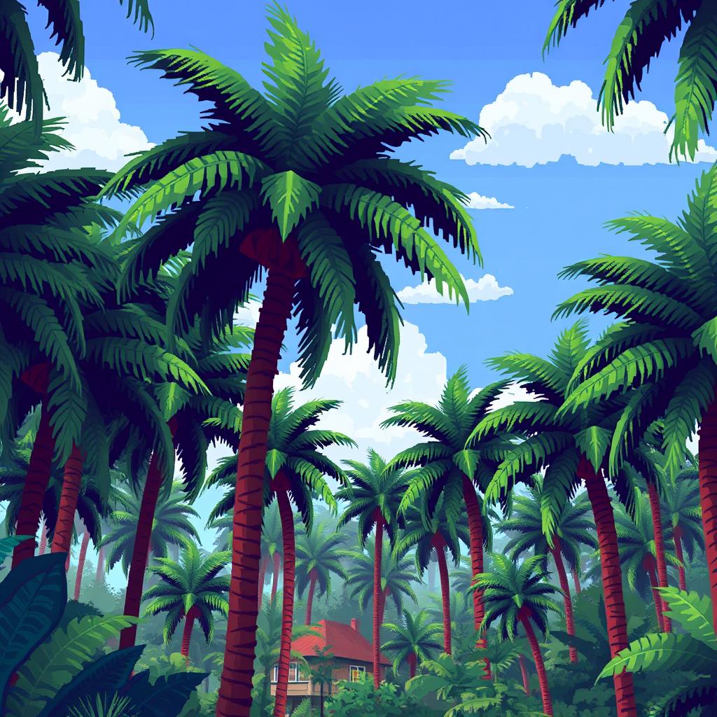 Create an 8-bit pixel art background for a video game featuring a dense palm tree forest with buildings and houses