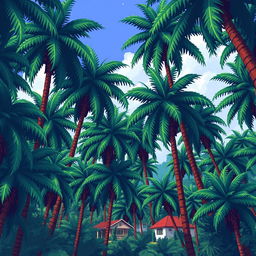 Create an 8-bit pixel art background for a video game featuring a dense palm tree forest with buildings and houses