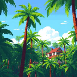 Create an 8-bit pixel art background for a video game featuring a dense palm tree forest with buildings and houses