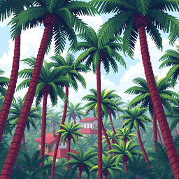 Create an 8-bit pixel art background for a video game featuring a dense palm tree forest with buildings and houses