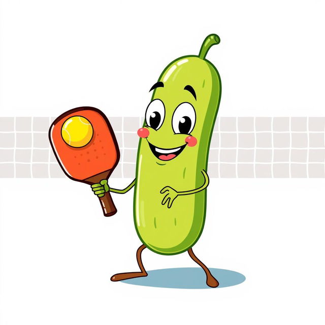 Create a whimsical and fun image of a pickle playing pickleball with a pickleball paddle