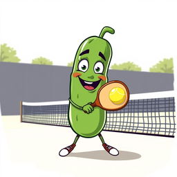 Create a whimsical and fun image of a pickle playing pickleball with a pickleball paddle