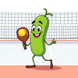 Create a whimsical and fun image of a pickle playing pickleball with a pickleball paddle