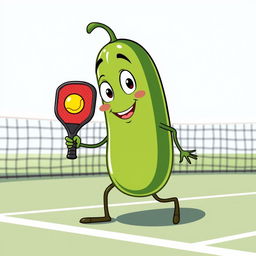 Create a whimsical and fun image of a pickle playing pickleball with a pickleball paddle