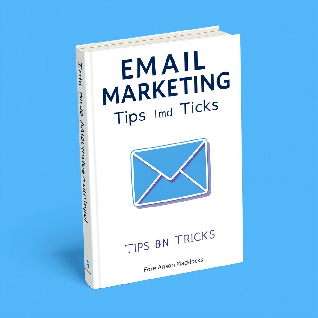 A book cover for 'Email Marketing Tips and Tricks' on a white background with a blue background and a white arrow in the center