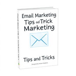 A book cover for 'Email Marketing Tips and Tricks' on a white background with a blue background and a white arrow in the center