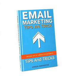 A book cover for 'Email Marketing Tips and Tricks' on a white background with a blue background and a white arrow in the center