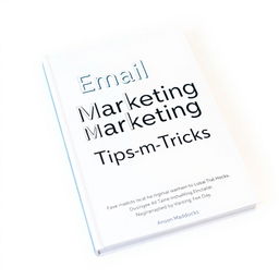 A book cover for 'Email Marketing Tips and Tricks' on a white background with a blue background and a white arrow in the center