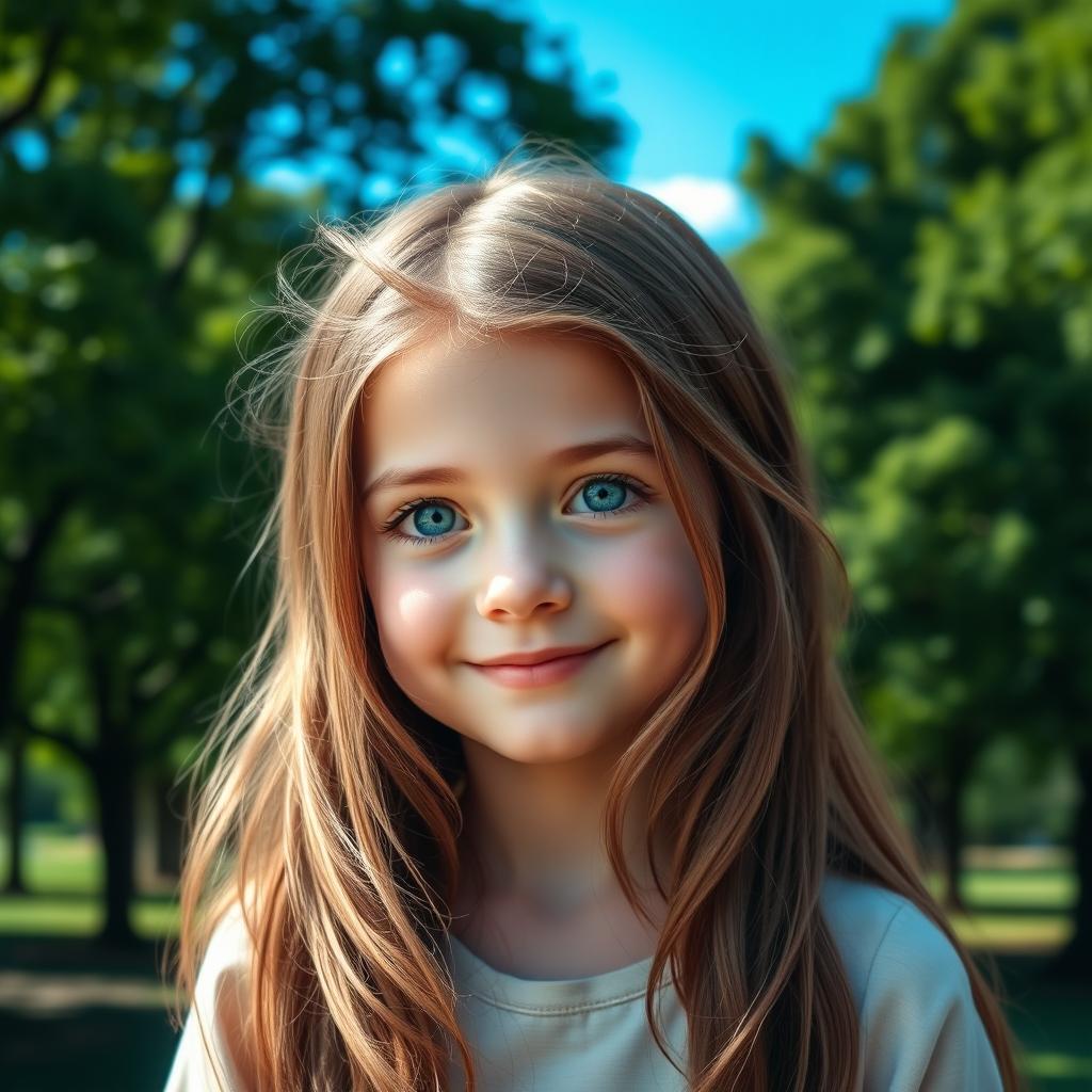 A beautiful young girl with sparkling blue eyes and flowing brown hair