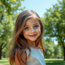 A beautiful young girl with sparkling blue eyes and flowing brown hair