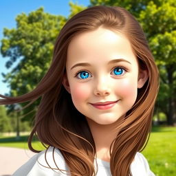 A beautiful young girl with sparkling blue eyes and flowing brown hair