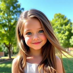 A beautiful young girl with sparkling blue eyes and flowing brown hair