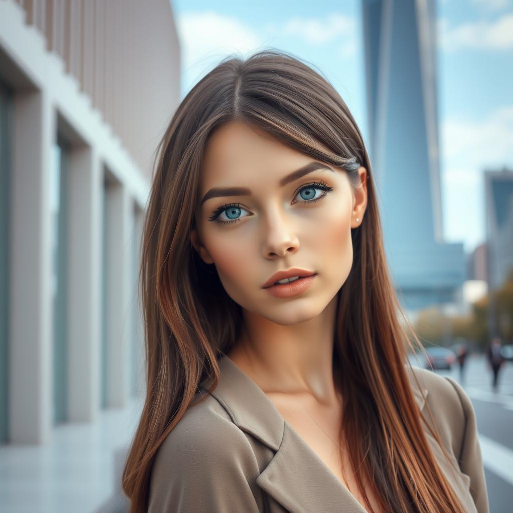 A stunning young woman with straight brown hair and captivating blue eyes