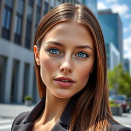 A stunning young woman with straight brown hair and captivating blue eyes