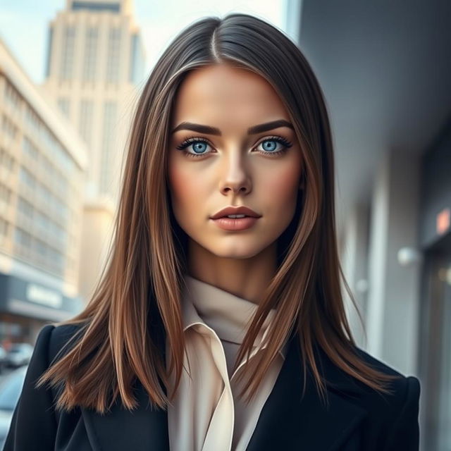 A stunning young woman with straight brown hair and captivating blue eyes