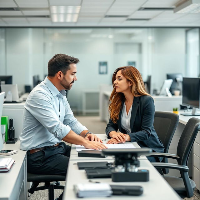 A man and a woman are sitting at an office desk, engaged in a discussion