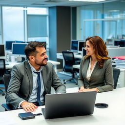 A man and a woman are sitting at an office desk, engaged in a discussion