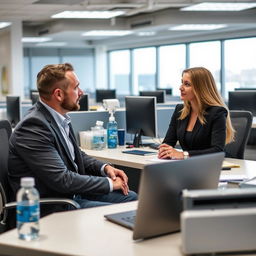 A man and a woman are sitting at an office desk, engaged in a discussion