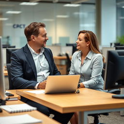 A man and a woman are sitting at an office desk, engaged in a discussion