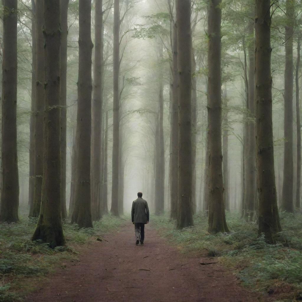 A solitary man strolling tranquilly through a dense forest, as the trees stand tall, whispering secrets in the gentle breeze