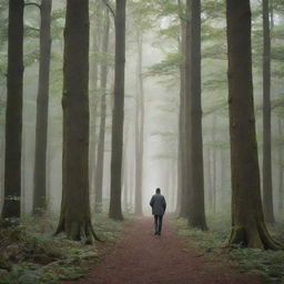 A solitary man strolling tranquilly through a dense forest, as the trees stand tall, whispering secrets in the gentle breeze