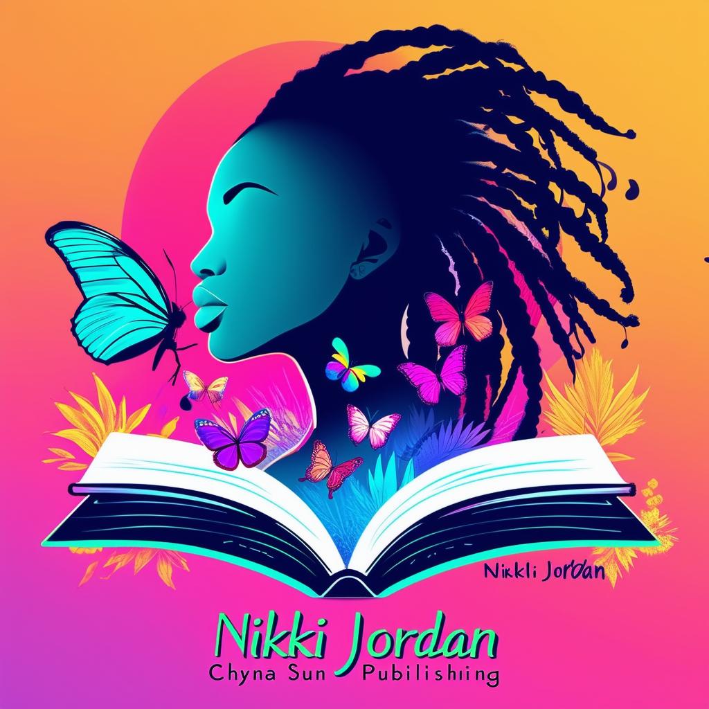 A vibrant and colorful logo for a book cover featuring an open book, a silhouette of a woman with dreadlocks, butterflies, and the names 'Nikki Jordan' and 'Chyna Sun Publishing'