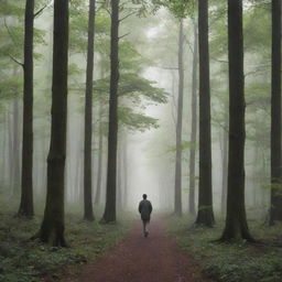 A solitary man strolling tranquilly through a dense forest, as the trees stand tall, whispering secrets in the gentle breeze