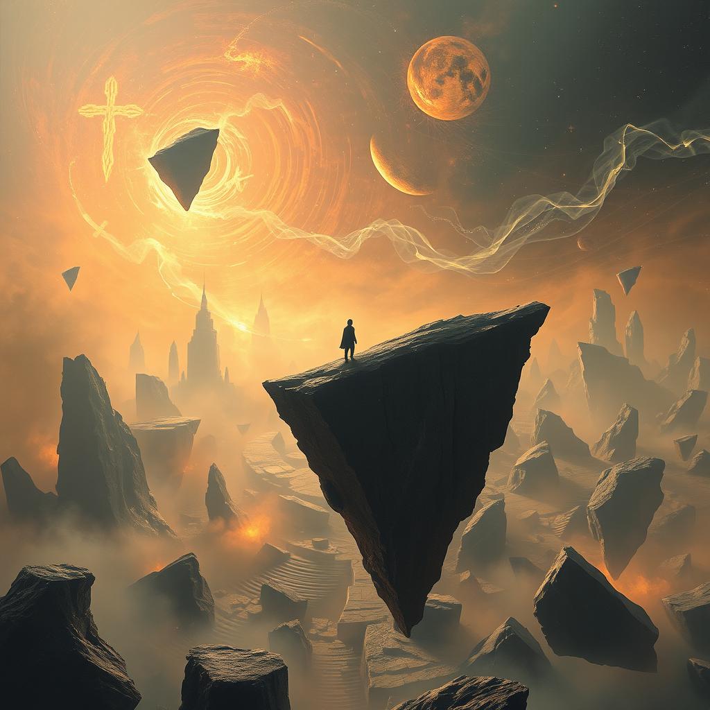 A fractured world with floating land fragments, a lone silhouette on the edge of a shard, and a cosmic backdrop with swirling energy