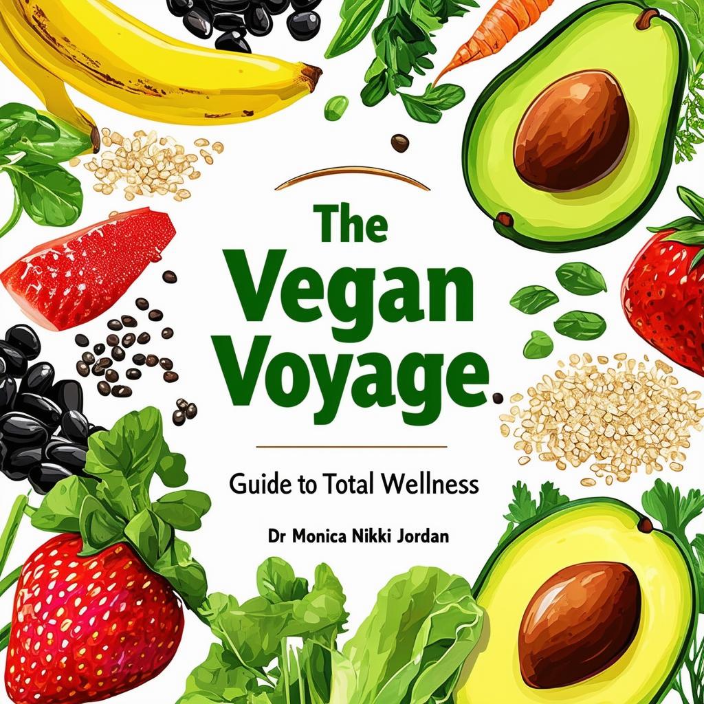 Create a vibrant and inviting printable cookbook cover titled 'The Vegan Voyage: Guide to Total Wellness' by Dr