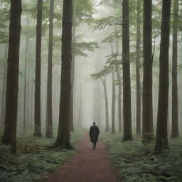 A solitary man strolling tranquilly through a dense forest, as the trees stand tall, whispering secrets in the gentle breeze