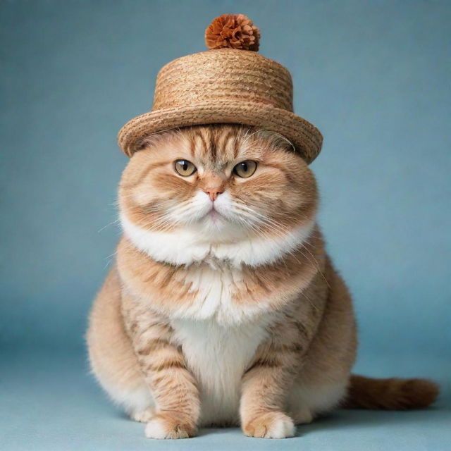 A plump cat adorned with a stylish hat.