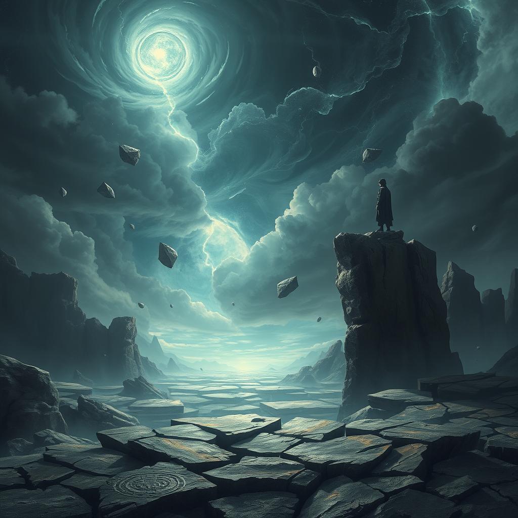 A dramatic cracked landscape with floating shards, a shadowy figure standing on one of the shards, and a cosmic sky with swirling dark clouds and ethereal light