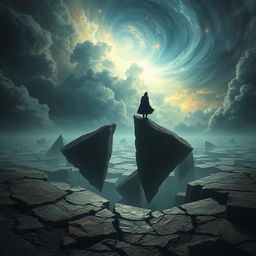 A dramatic cracked landscape with floating shards, a shadowy figure standing on one of the shards, and a cosmic sky with swirling dark clouds and ethereal light