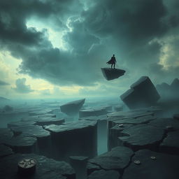 A dramatic cracked landscape with floating shards, a shadowy figure standing on one of the shards, and a cosmic sky with swirling dark clouds and ethereal light